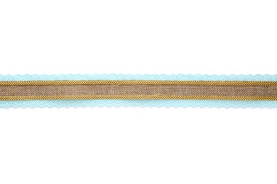 Burlap ribbon with light blue lace on white background, top view