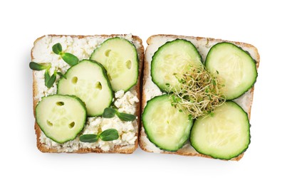 Tasty toasts with cucumber, cream cheese and microgreens isolated on white