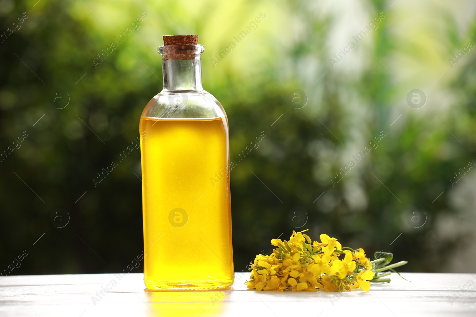 Photo of Rapeseed oil in glass bottle and yellow flowers on white wooden table outdoors