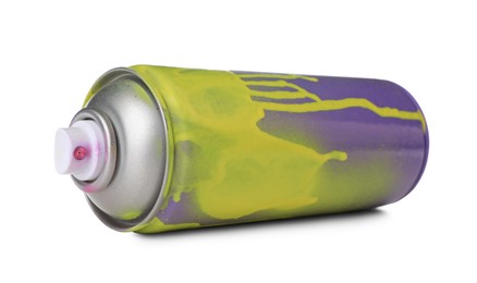 Photo of Used can of spray paint isolated on white. Graffiti supply