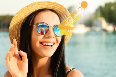 Image of Woman wearing sunglasses outdoors. UVA and UVB rays reflected by lenses, illustration