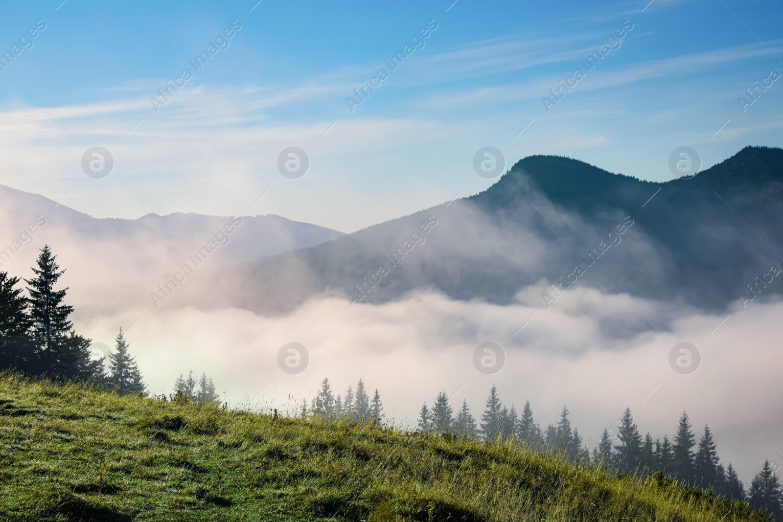 Photo of Beautiful view of mountains covered with fog at sunrise