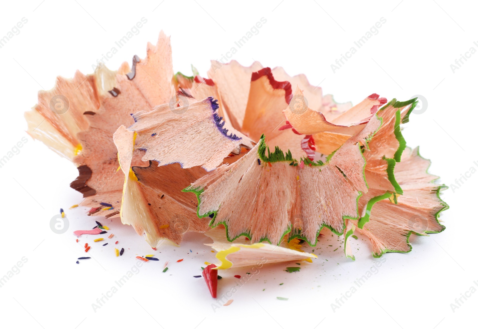 Photo of Pile of colorful pencil shavings on white background, closeup