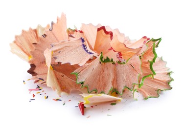 Photo of Pile of colorful pencil shavings on white background, closeup