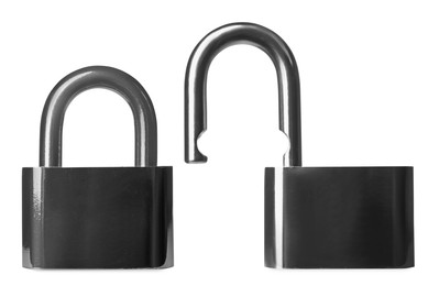 Image of Locked and open metal padlocks on white background, collage