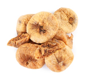 Pile of tasty dried figs on white background, top view