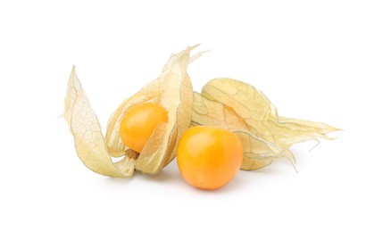 Photo of Ripe physalis fruits with calyxes isolated on white