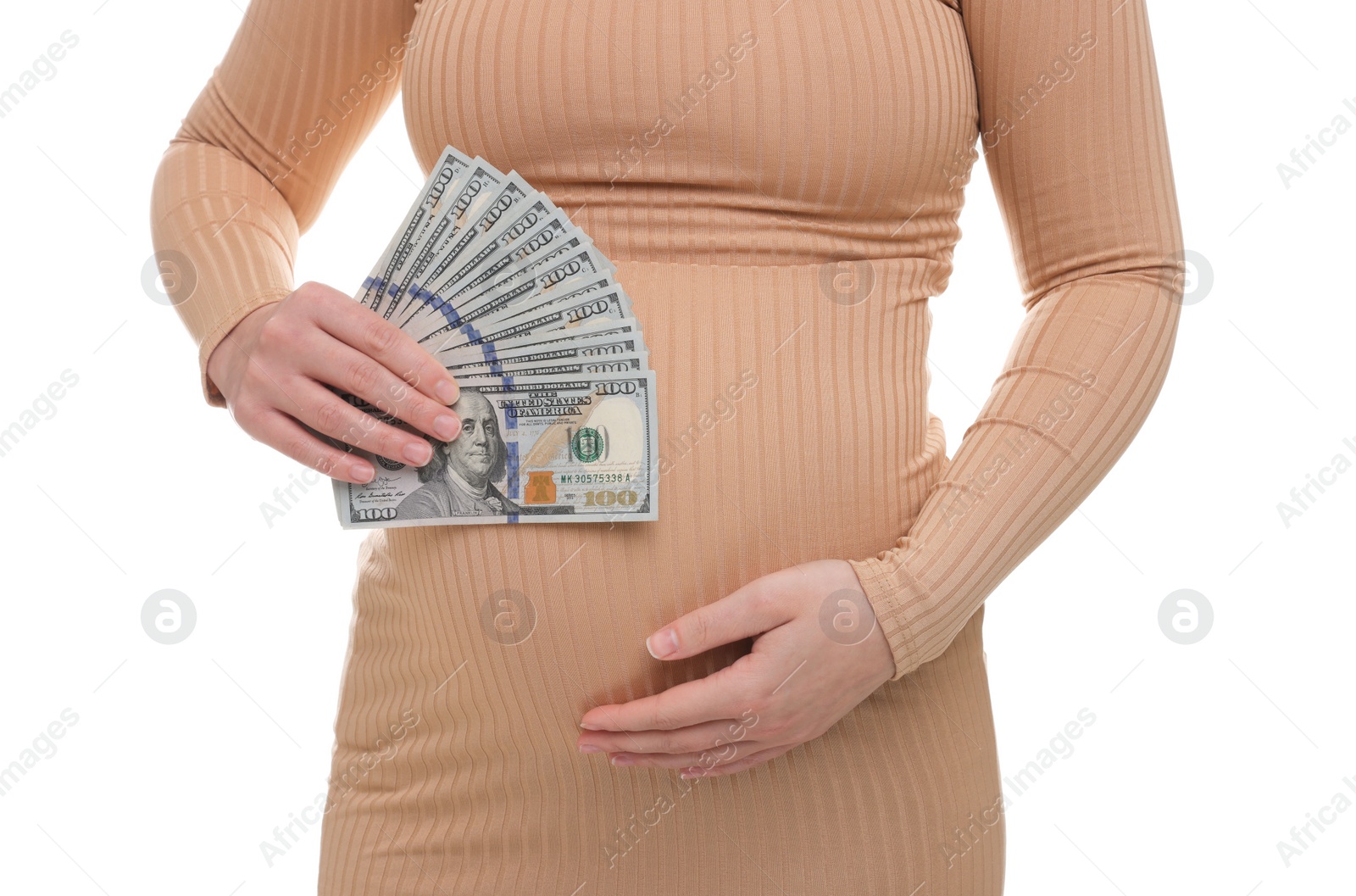 Photo of Surrogate mother. Pregnant woman with dollar banknotes on white background, closeup