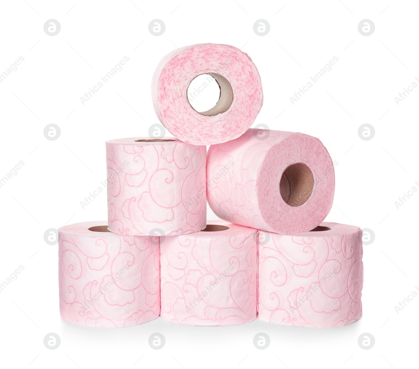 Photo of Color toilet paper rolls on white background