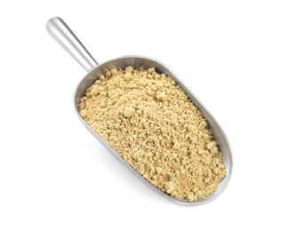 Photo of Aromatic mustard powder in scoop on white background