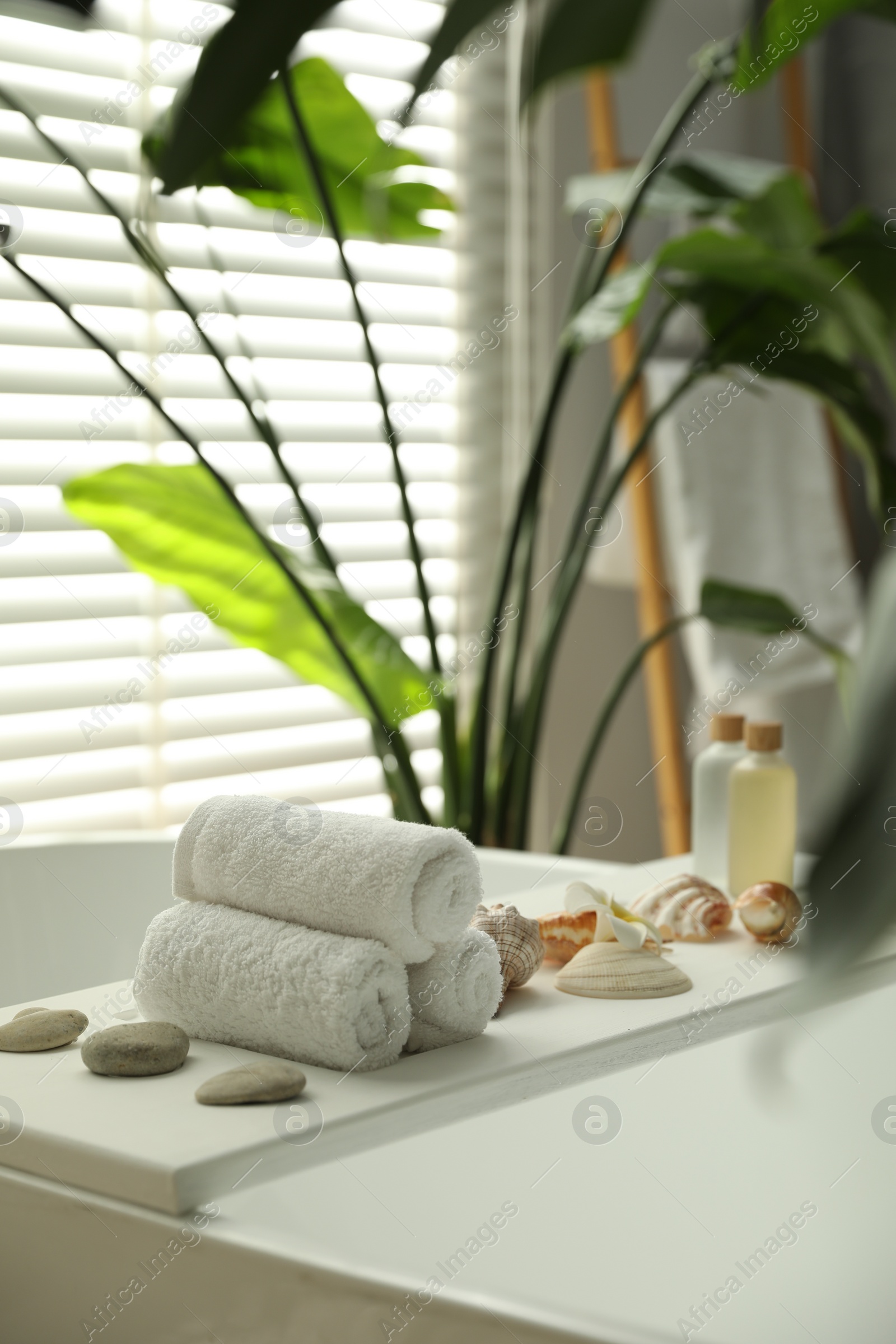 Photo of Bath tray with spa products, towels and shells on tub in bathroom