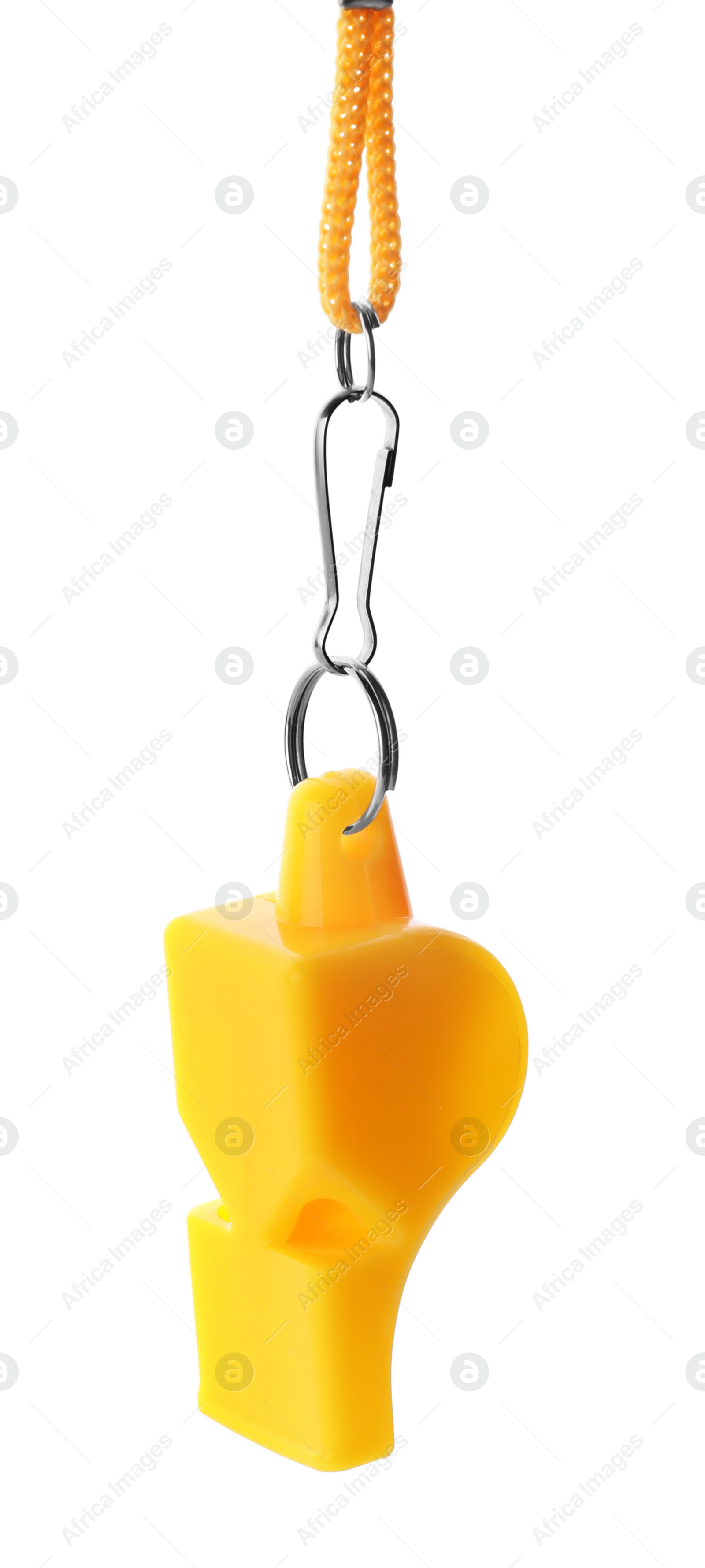 Photo of One yellow whistle with cord isolated on white