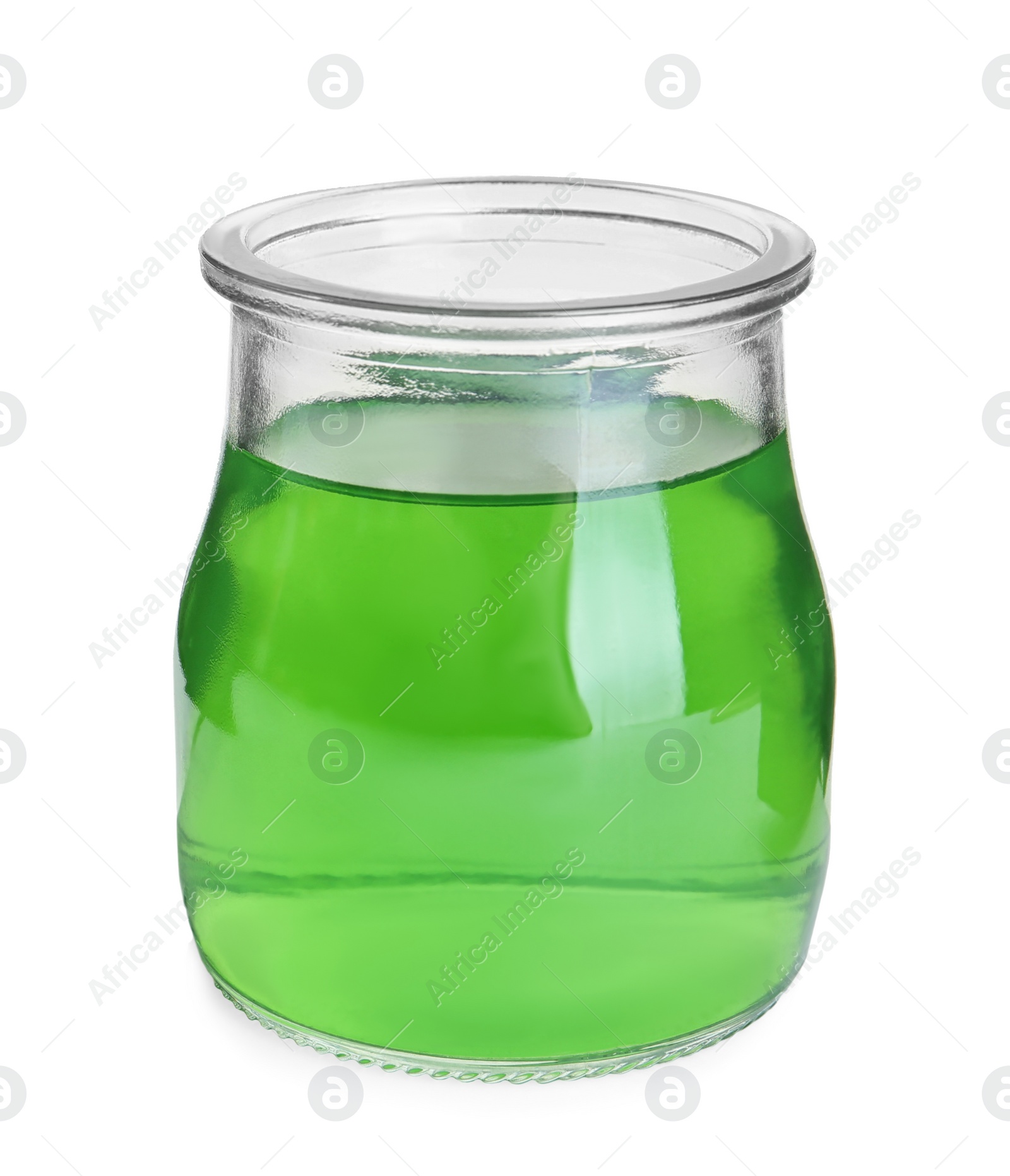 Photo of Tasty jelly dessert in glass jar on white background