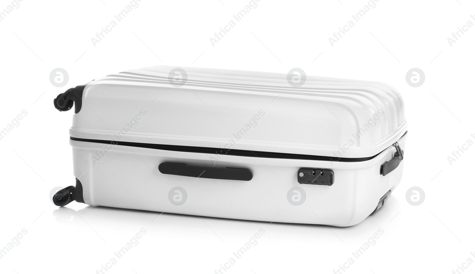 Photo of Modern suitcase for travelling on white background