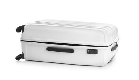 Photo of Modern suitcase for travelling on white background