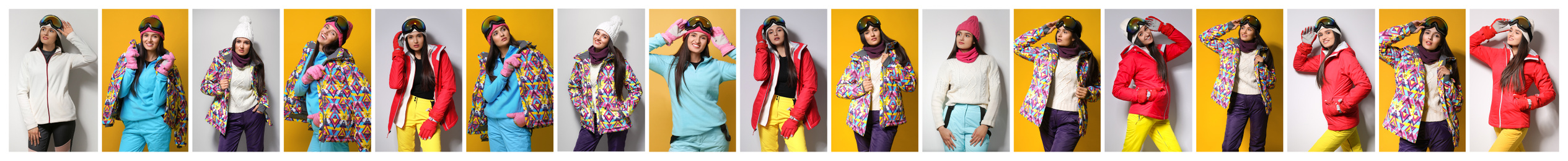 Image of Collage of people wearing winter sports clothes on color backgrounds. Banner design 