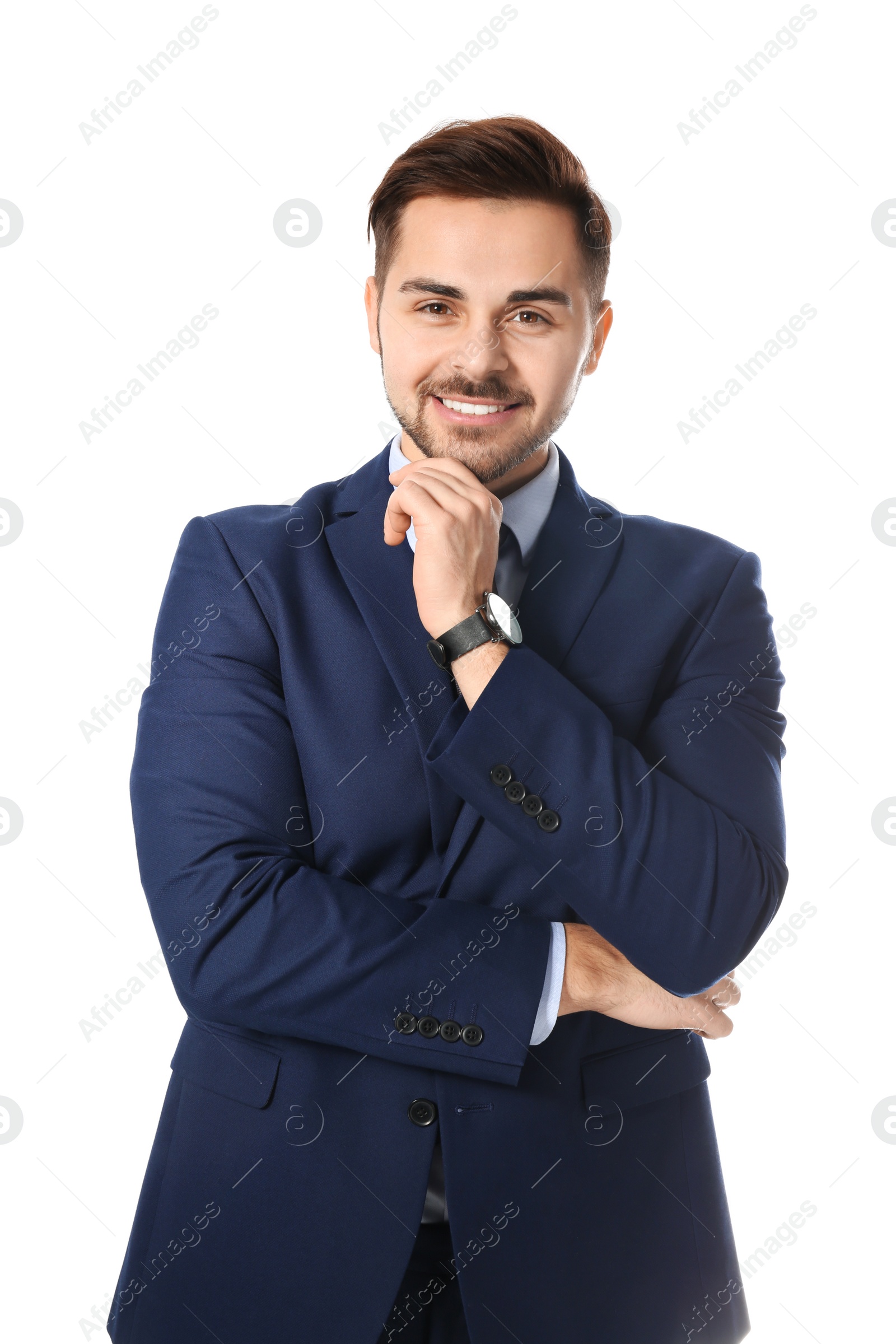 Photo of Portrait of successful businessman posing on white background