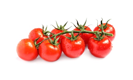 Photo of Branch of fresh cherry tomatoes isolated on white