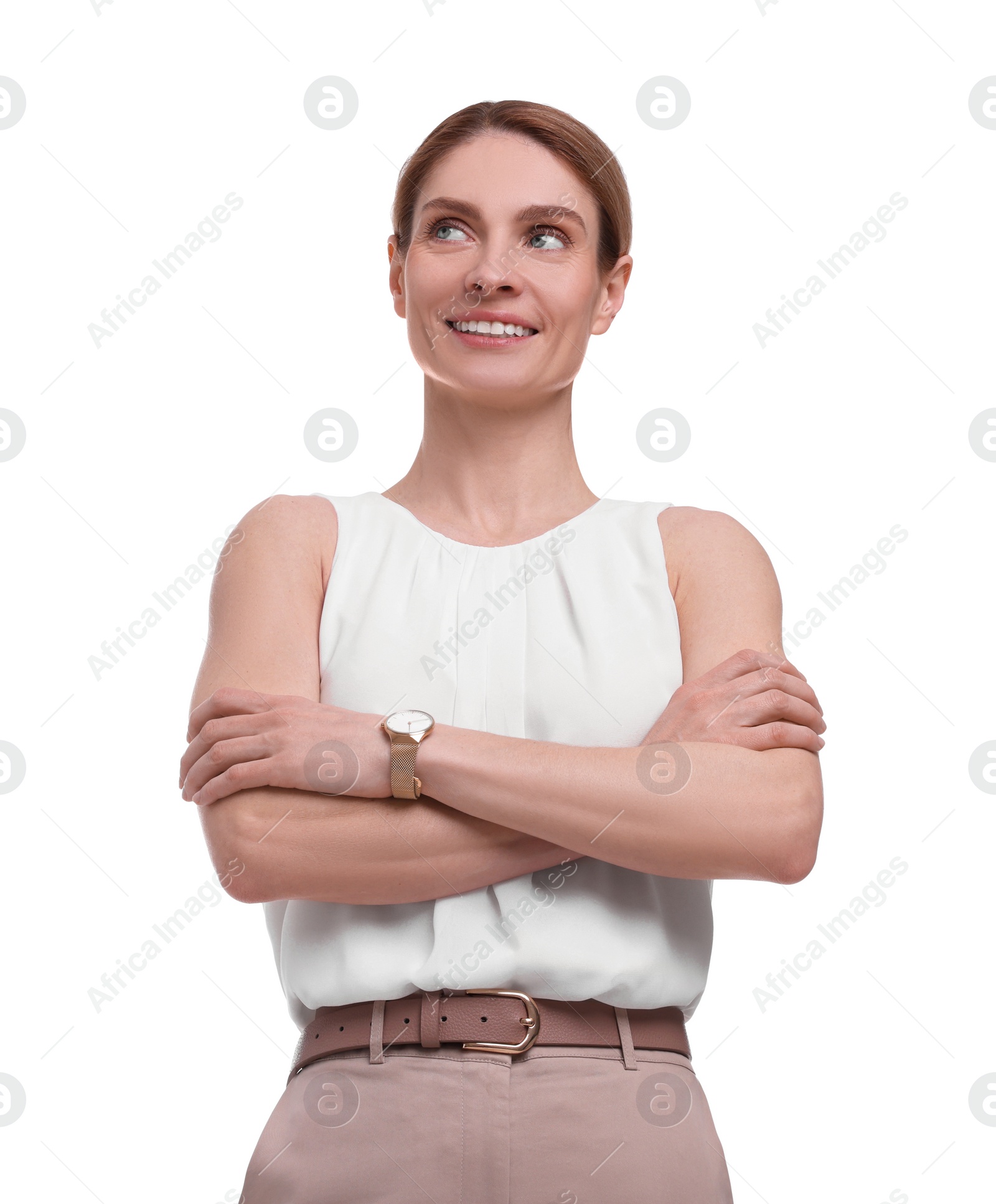 Photo of Beautiful happy businesswoman crossing arms on white background