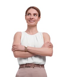 Beautiful happy businesswoman crossing arms on white background