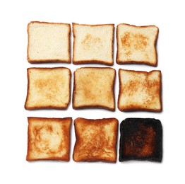 Photo of Toasting doneness. Bread slices of different shades isolated on white, top view