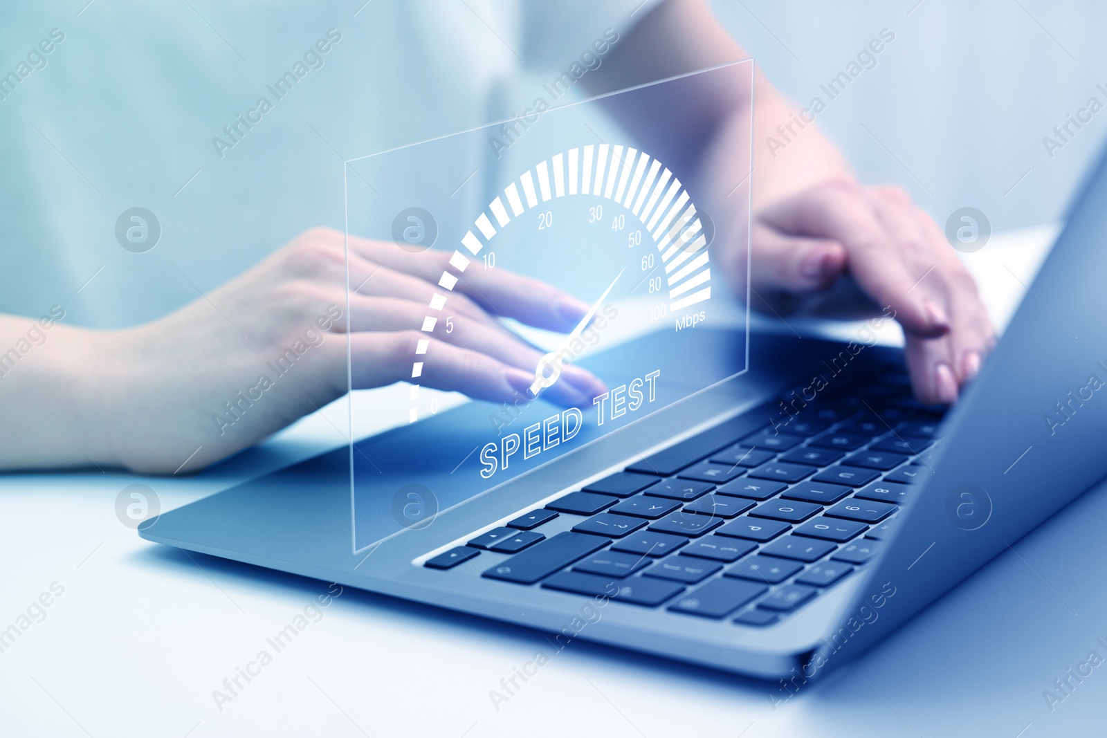 Image of Speed test. Woman using laptop at table, closeup. Virtual screen over device