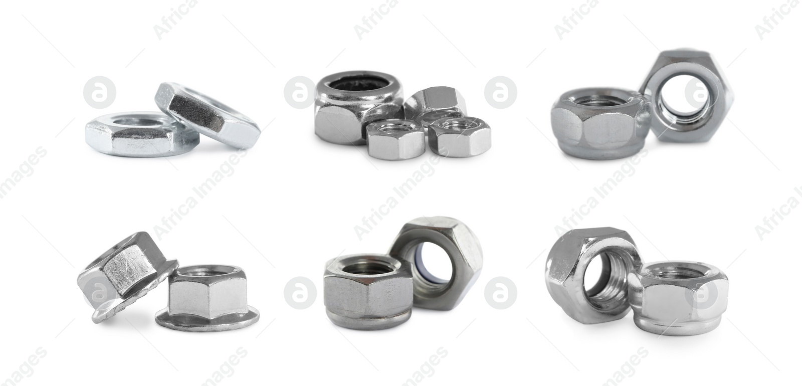 Image of Set with different metal nuts on white background. Banner design