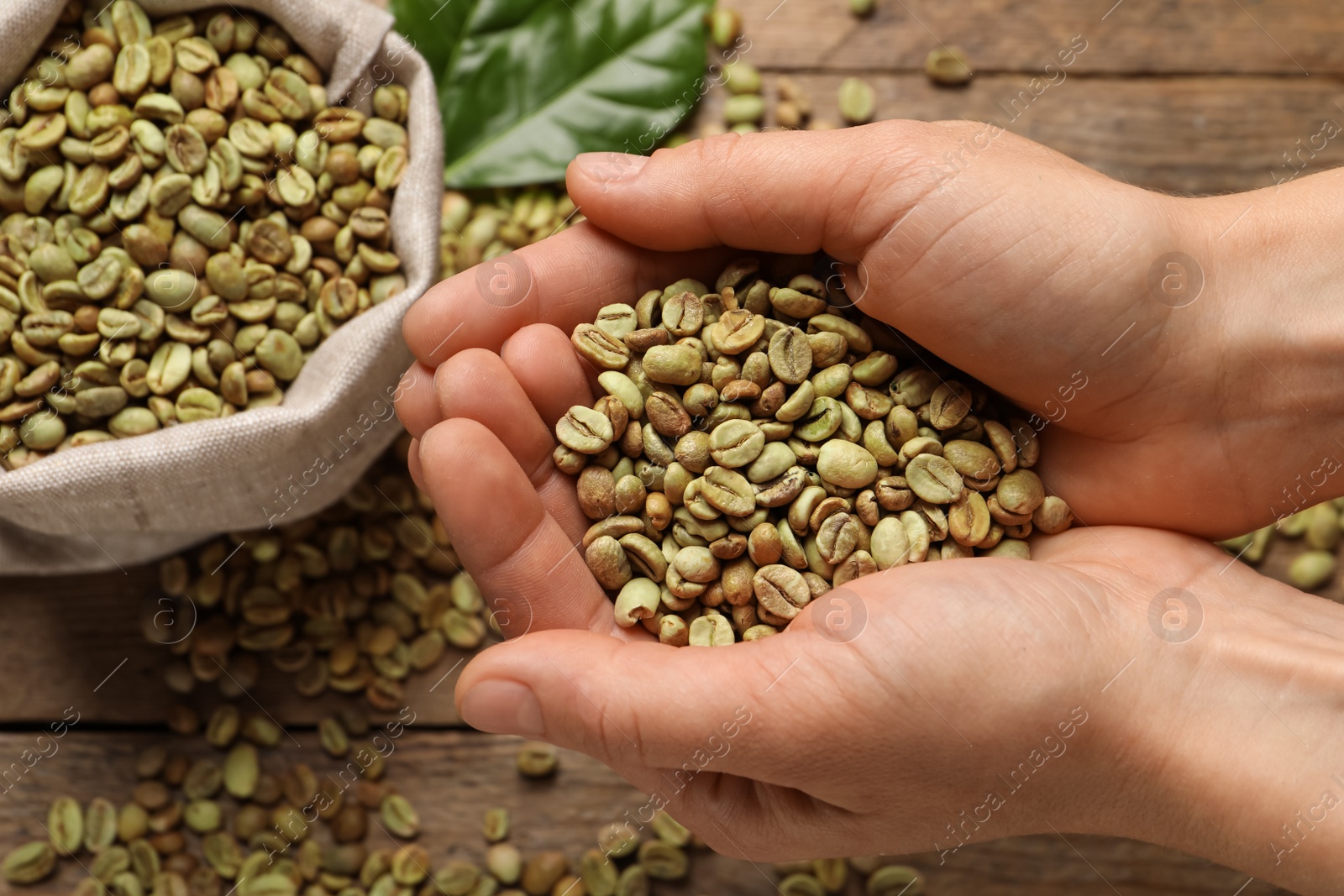 Photo of Woman holding pile of green coffee beans over wooden table, top view