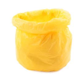 Photo of Yellow plastic garbage bag isolated on white