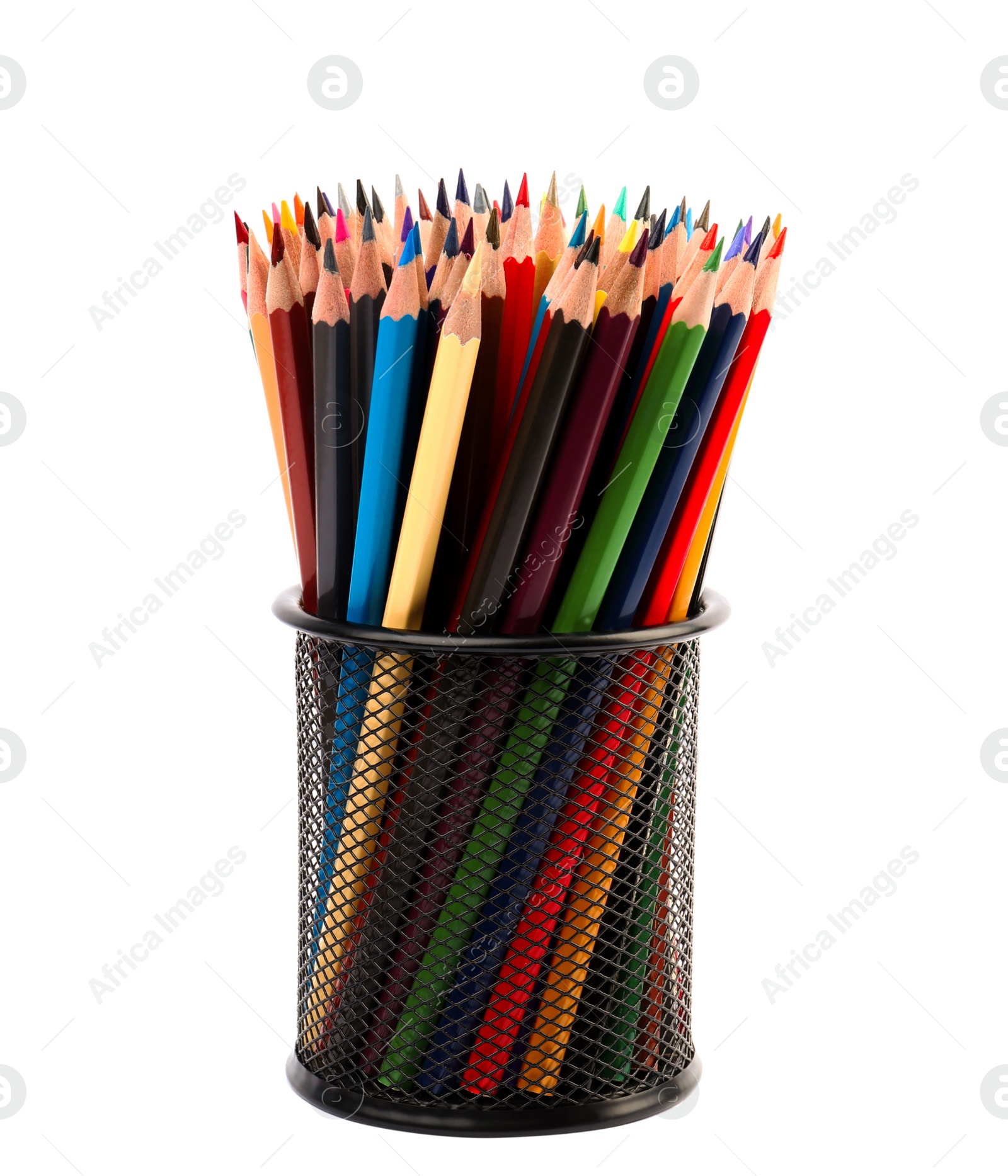 Photo of Holder with color pencils on white background