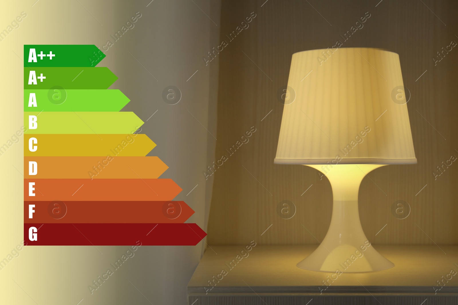 Image of Energy efficiency rating label and lamp on bedside table indoors