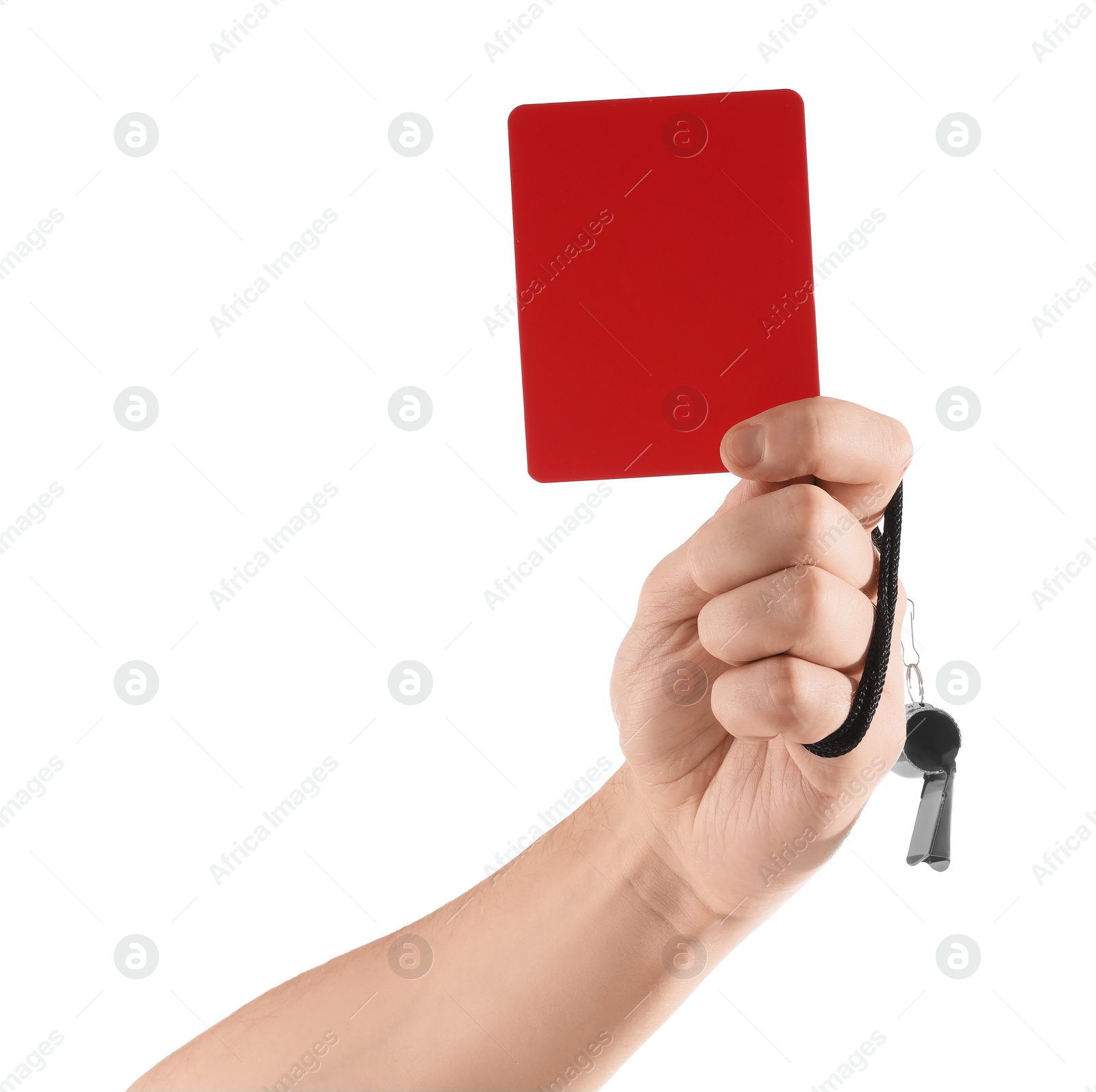 Photo of Referee holding red card and whistle on white background, closeup