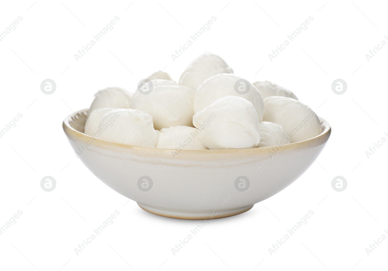 Photo of Bowl with mozzarella cheese balls on white background