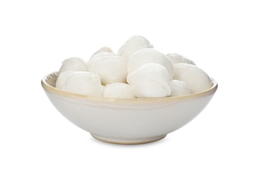 Photo of Bowl with mozzarella cheese balls on white background