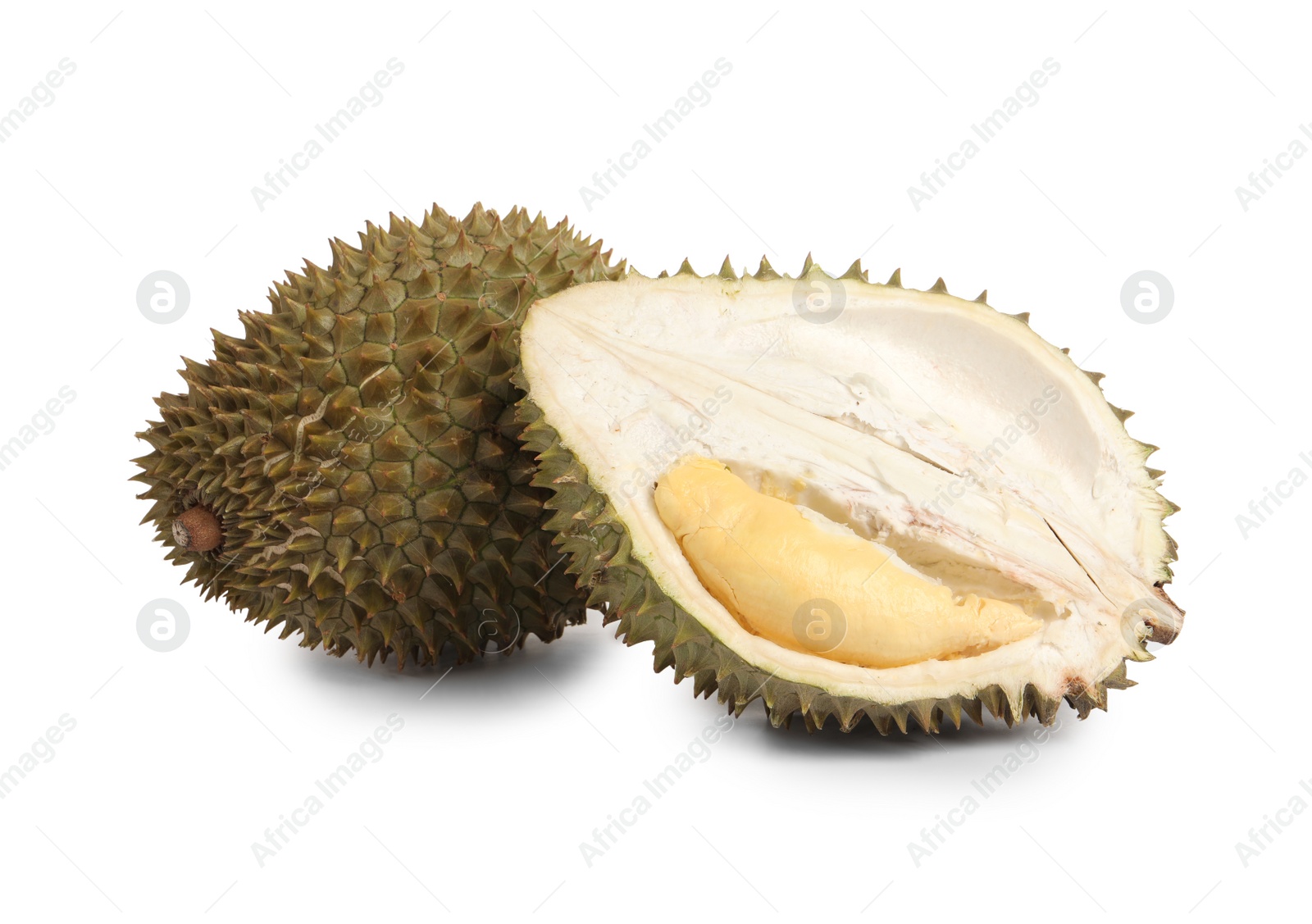 Photo of Cut and whole ripe durians on white background