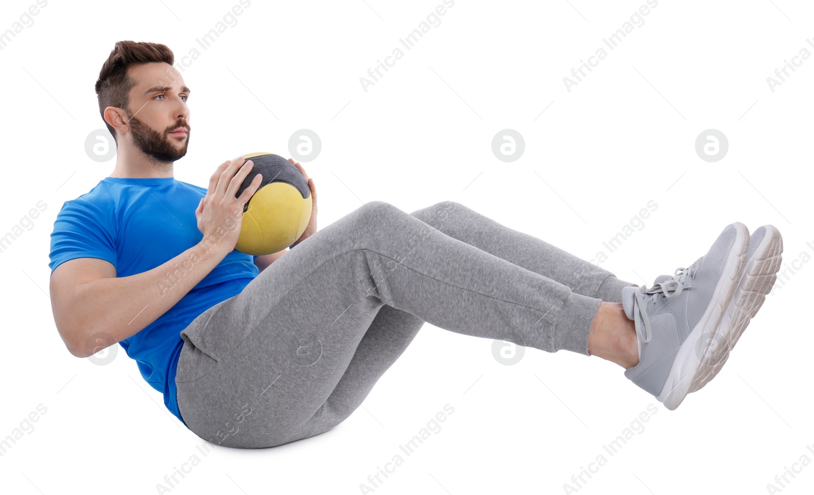 Photo of Athletic man doing exercise with medicine ball isolated on white