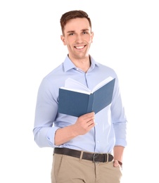 Photo of Young male teacher with book on white background