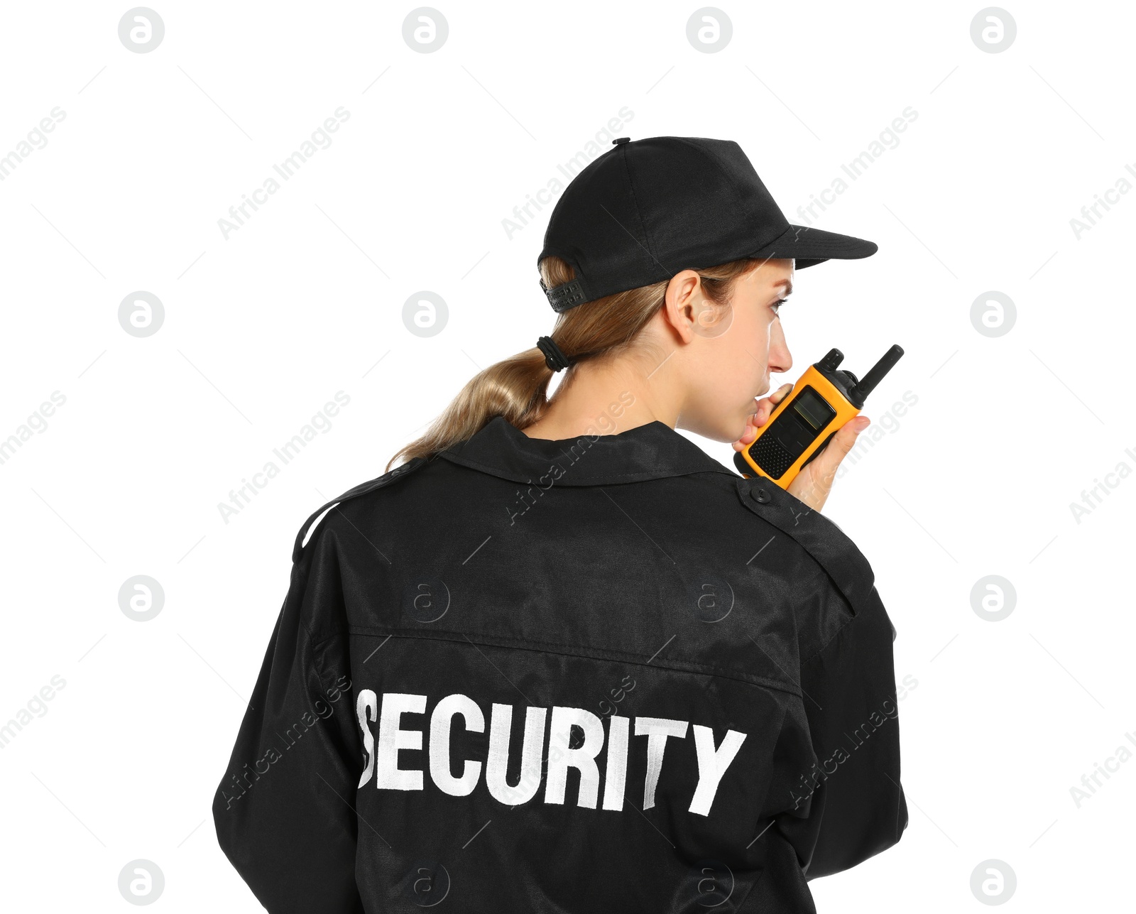 Photo of Female security guard in uniform using portable radio transmitter on white background