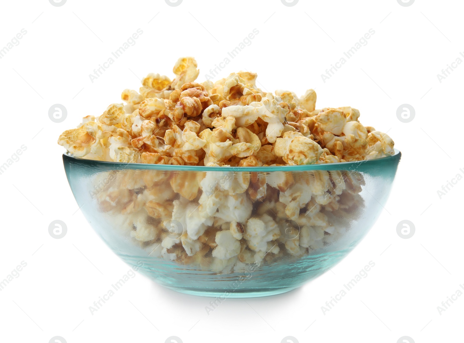 Photo of Bowl with delicious fresh popcorn on white background