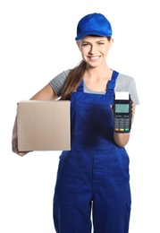 Photo of Smiling courier with payment terminal and parcel isolated on white