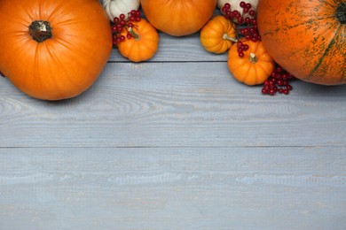 Thanksgiving day. Flat lay composition with pumpkins on grey wooden table, space for text