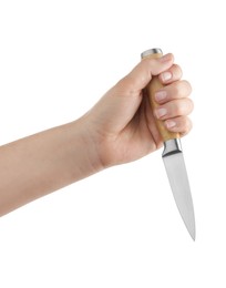 Photo of Woman holding knife on white background, closeup