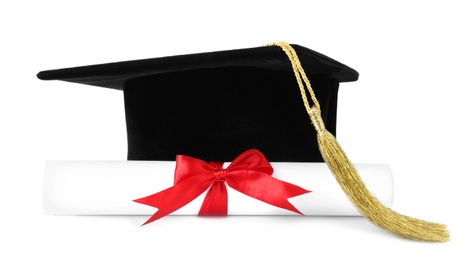 Graduation hat with gold tassel and diploma isolated on white