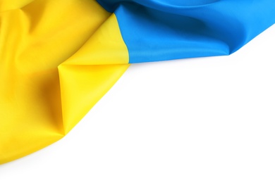 Photo of National flag of Ukraine on white background, closeup