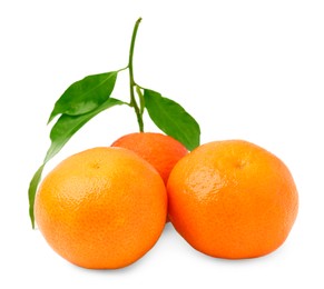 Fresh ripe juicy tangerines with green leaves isolated on white