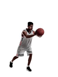 Silhouette of professional sportsman playing basketball on white background