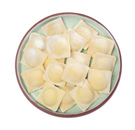 Photo of Uncooked ravioli on white background, top view