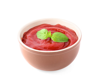 Photo of Delicious tomato sauce in bowl isolated on white