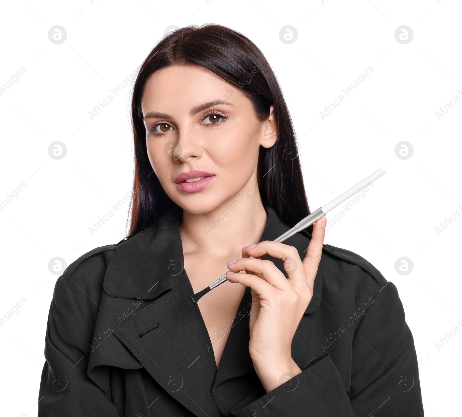 Photo of Woman using long cigarette holder for smoking isolated on white