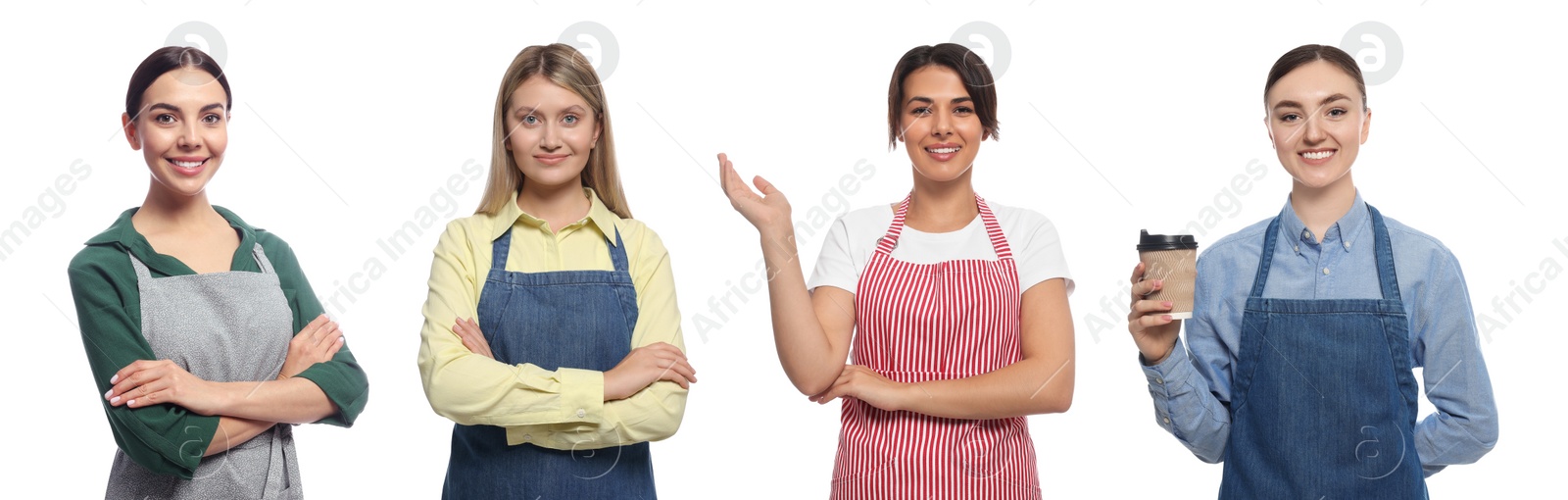 Image of Collage with photos of women in aprons on white background